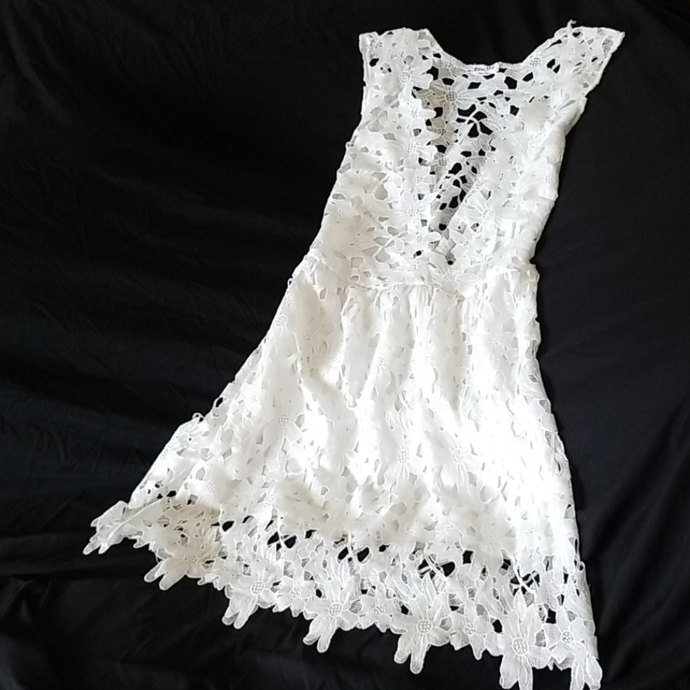 White Lace Deep V Neck Dress